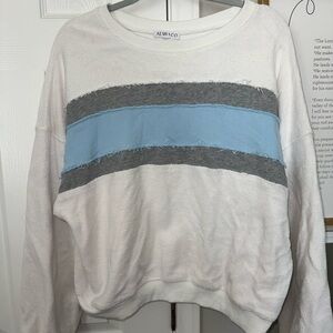 AEMI + CO White Sweatshirt with Blue and Gray Stripes